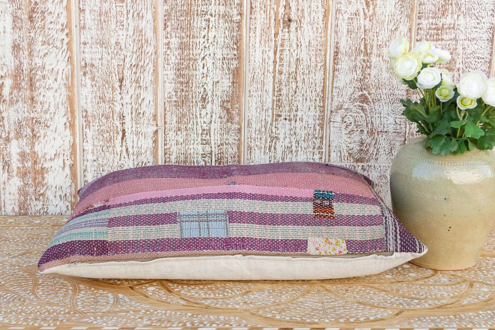 Deo Vintage Lumbar Boho Kantha Pillow - 5