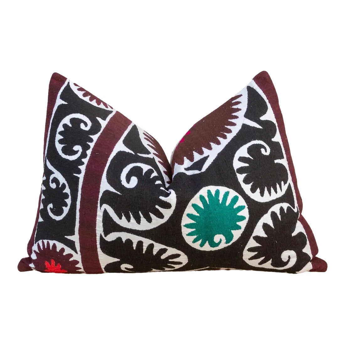 Zarina Gul Suzani Lumbar Pillow: Made from a vintage Suzani tapestry, it features hand done embroidery and a solid linen back. Suzani is a Persian word meaning "needle work", and these beautiful tapestries were made popular by trade