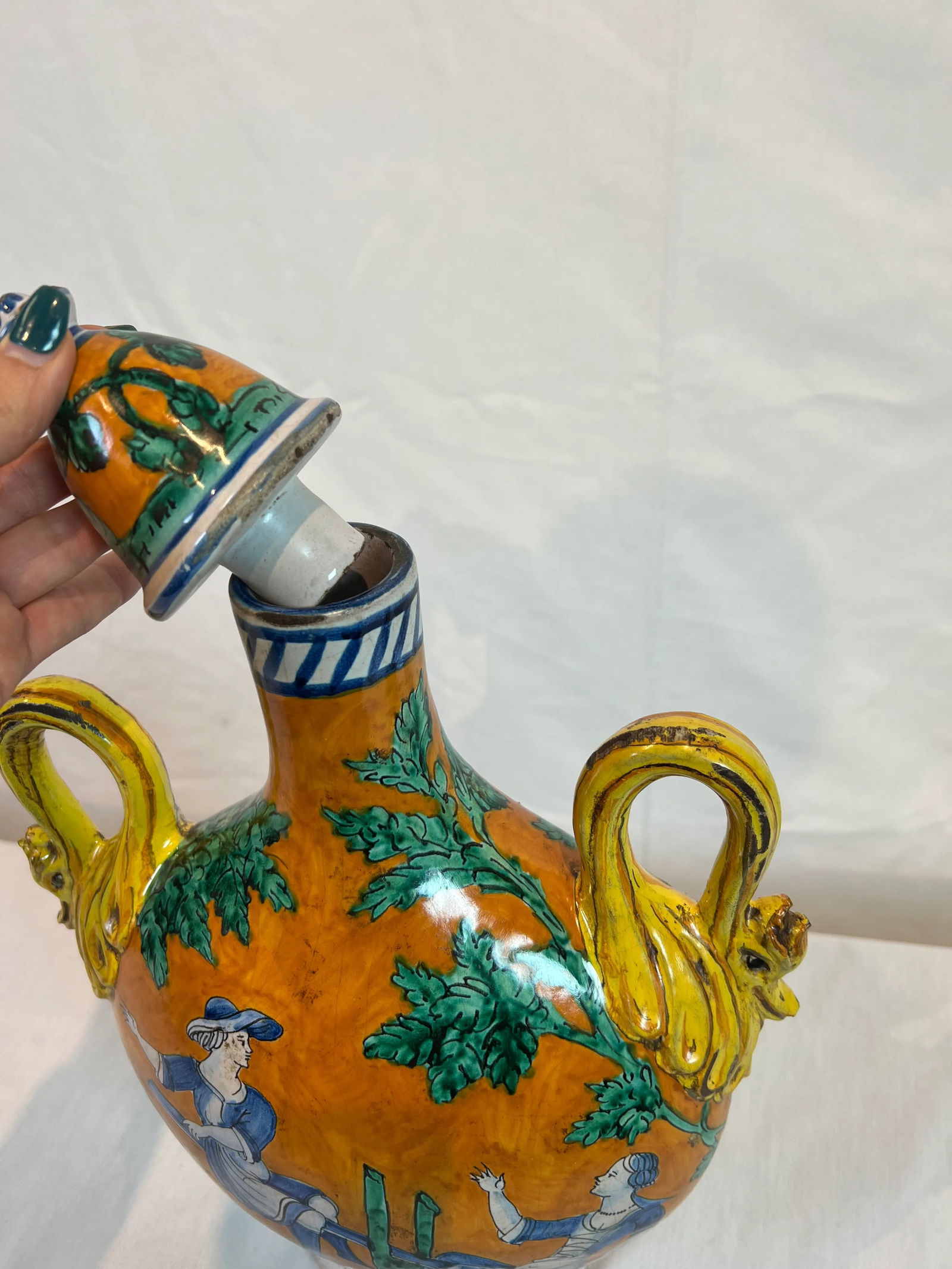 1990s Italian Hand Painted Ceramic Flask in Orange, Green, Blue and Yellow Colors - 10