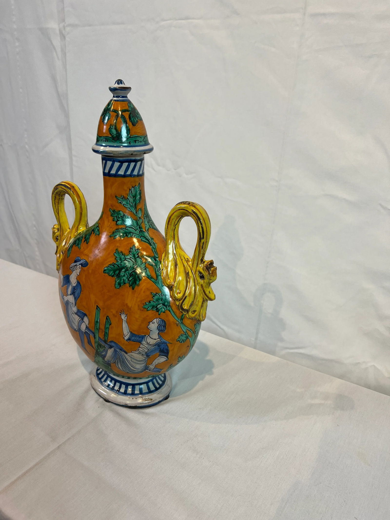 1990s Italian Hand Painted Ceramic Flask in Orange, Green, Blue and Yellow Colors - 11