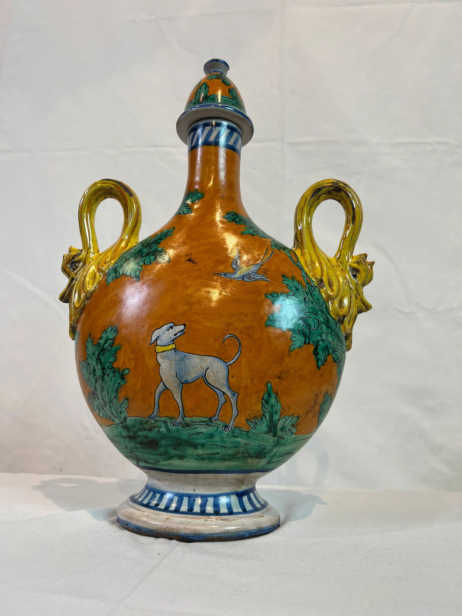 1990s Italian Hand Painted Ceramic Flask in Orange, Green, Blue and Yellow Colors - 2