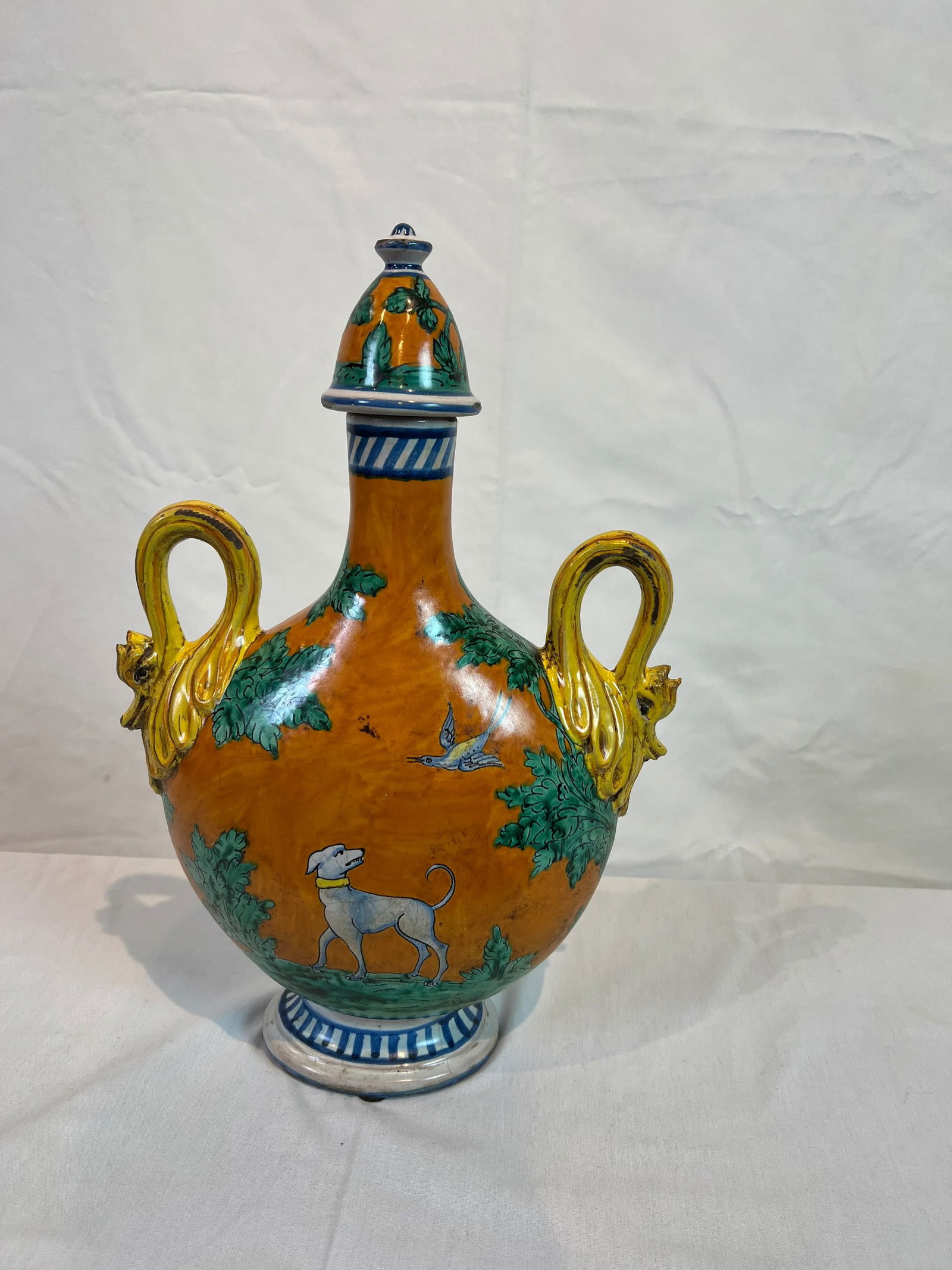 1990s Italian Hand Painted Ceramic Flask in Orange, Green, Blue and Yellow Colors - 5