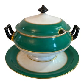 Vintage 1990s Gilded Green & White Lidded Sauce Boat With Underplate