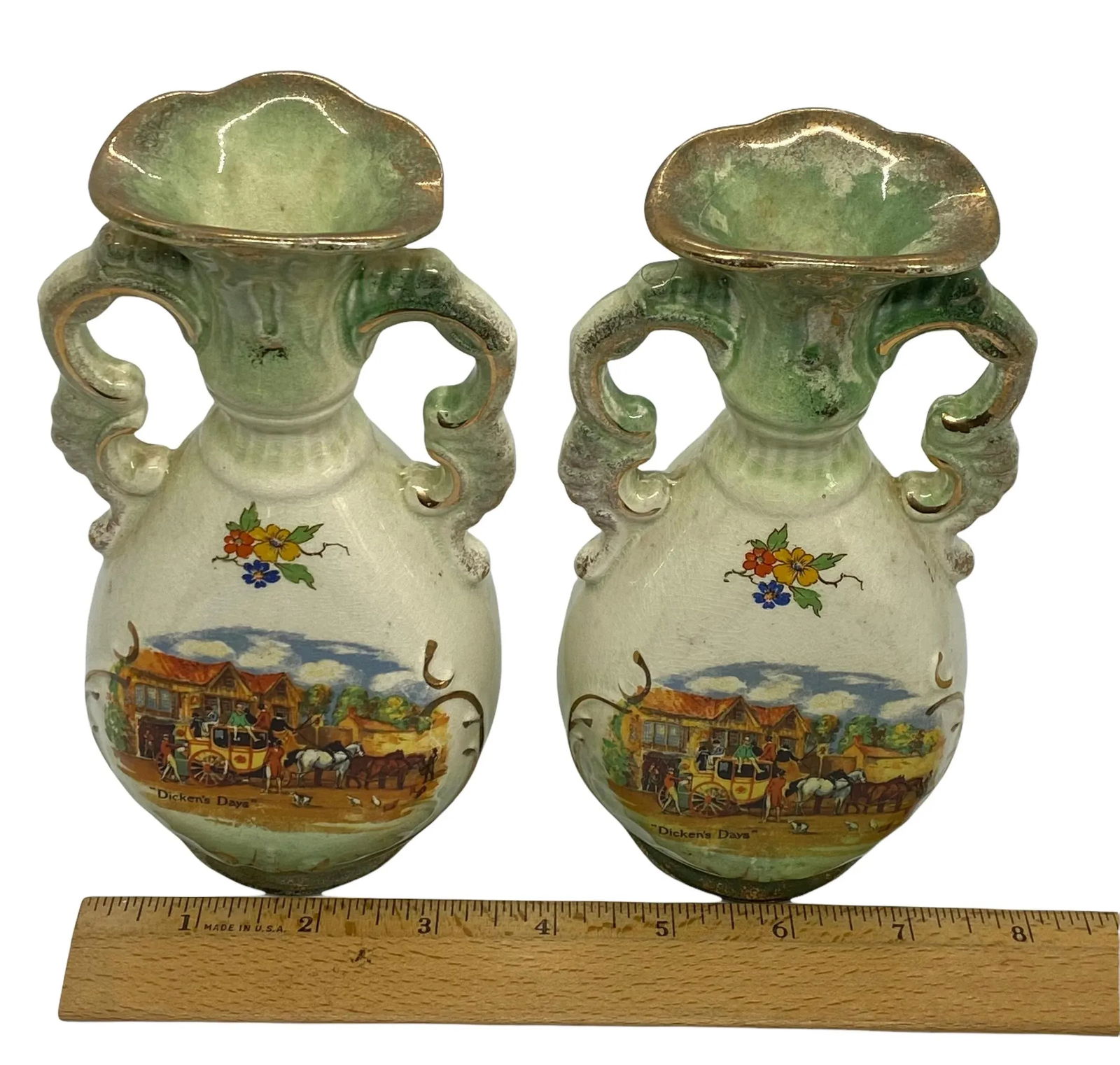 Vintage Staffordshire England Genuine Fenton Ware Bud Vases With "Dicken's Days" Design - a Pa - 11