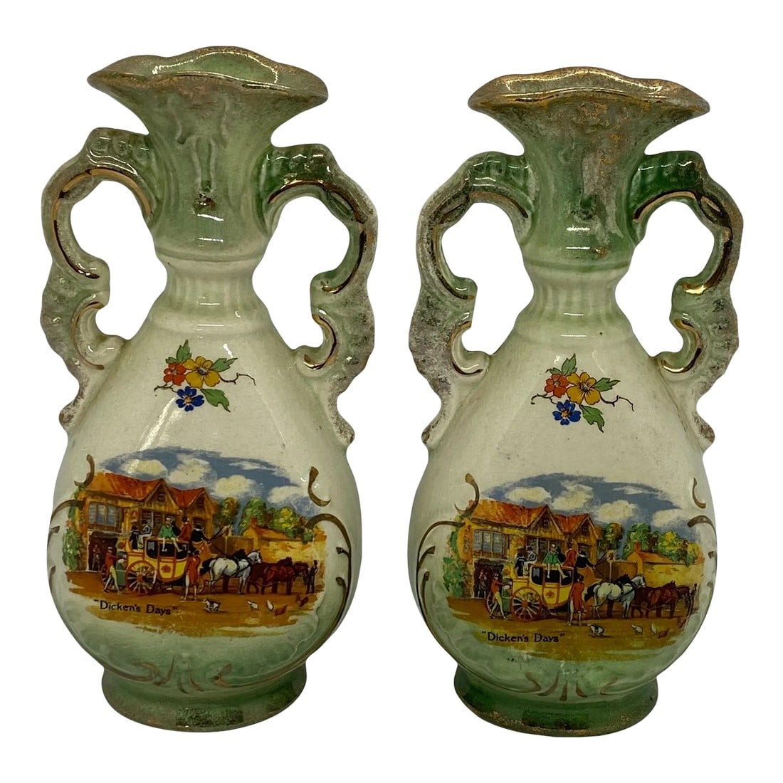 Vintage Staffordshire England Genuine Fenton Ware Bud Vases With "Dicken's Days" Design - a Pa: Vintage Staffordshire England Genuine Fenton Ware Bud Vases With "Dicken's Days" Design - a Pair. Beautiful Fenton Ware Vases marked "Genuine Fenton Ware, Staffordshire England" and depict a very