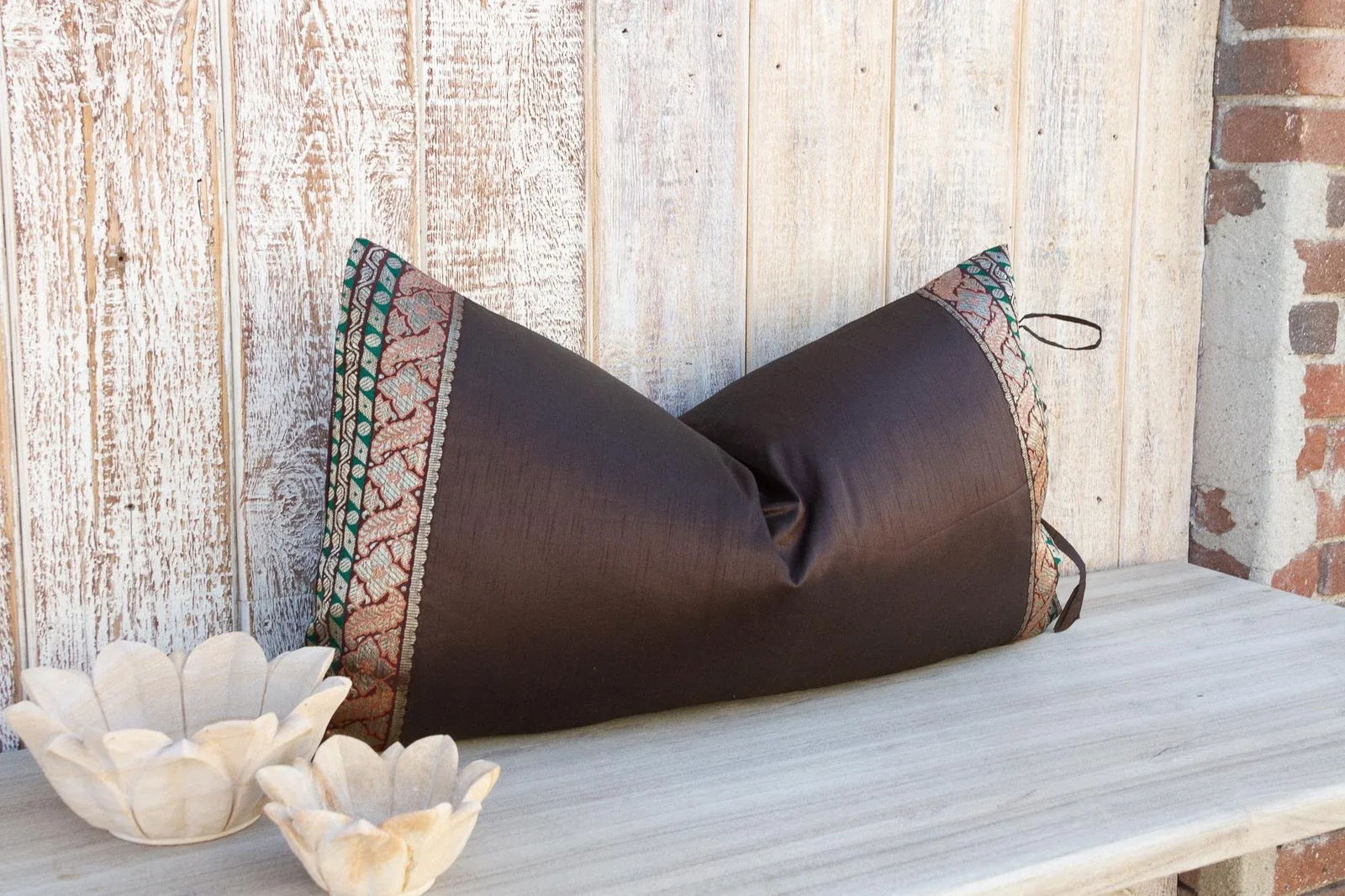 Vintage Lila Large Festive Indian Silk Queen Lumbar Pillow Cover - 3