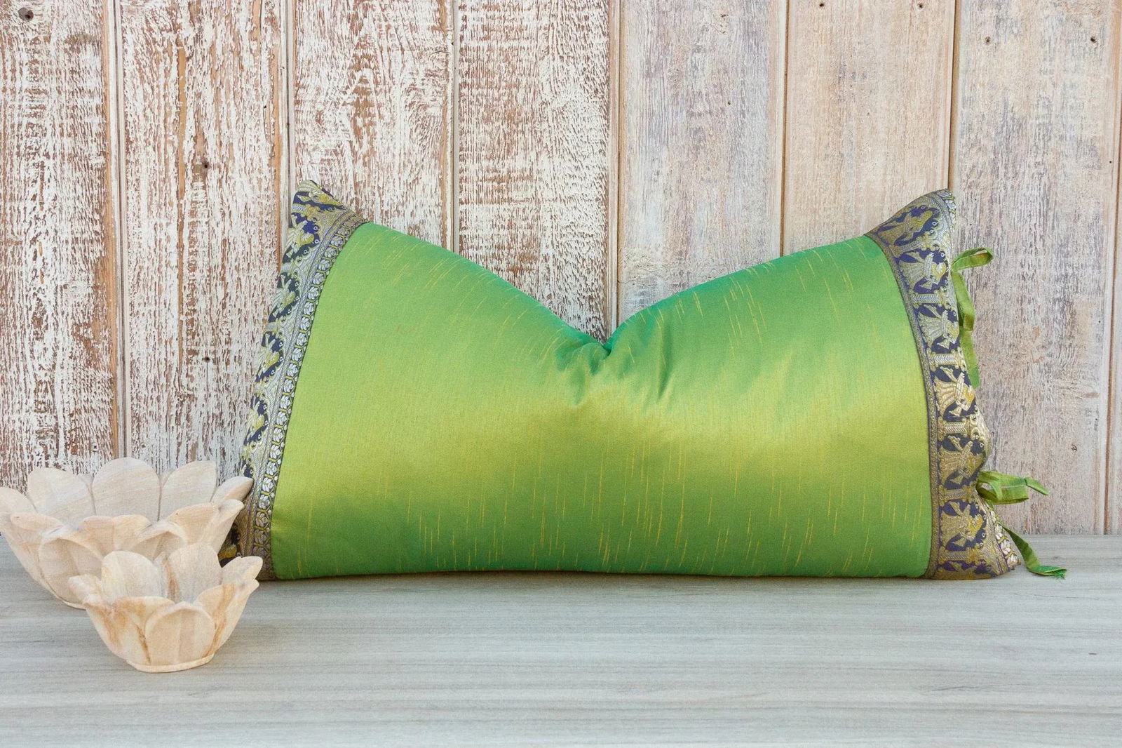 Vintage Lime Green Large Festive Indian Silk Queen Lumbar Pillow Cover - 2