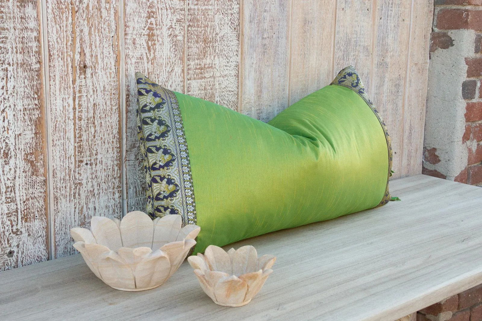 Vintage Lime Green Large Festive Indian Silk Queen Lumbar Pillow Cover - 3