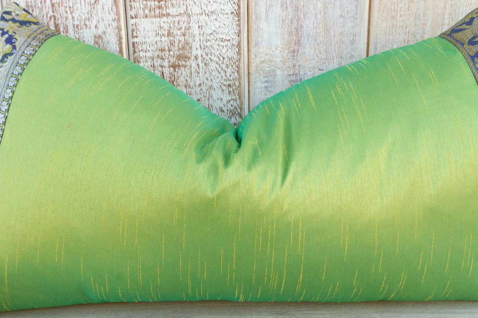 Vintage Lime Green Large Festive Indian Silk Queen Lumbar Pillow Cover - 5