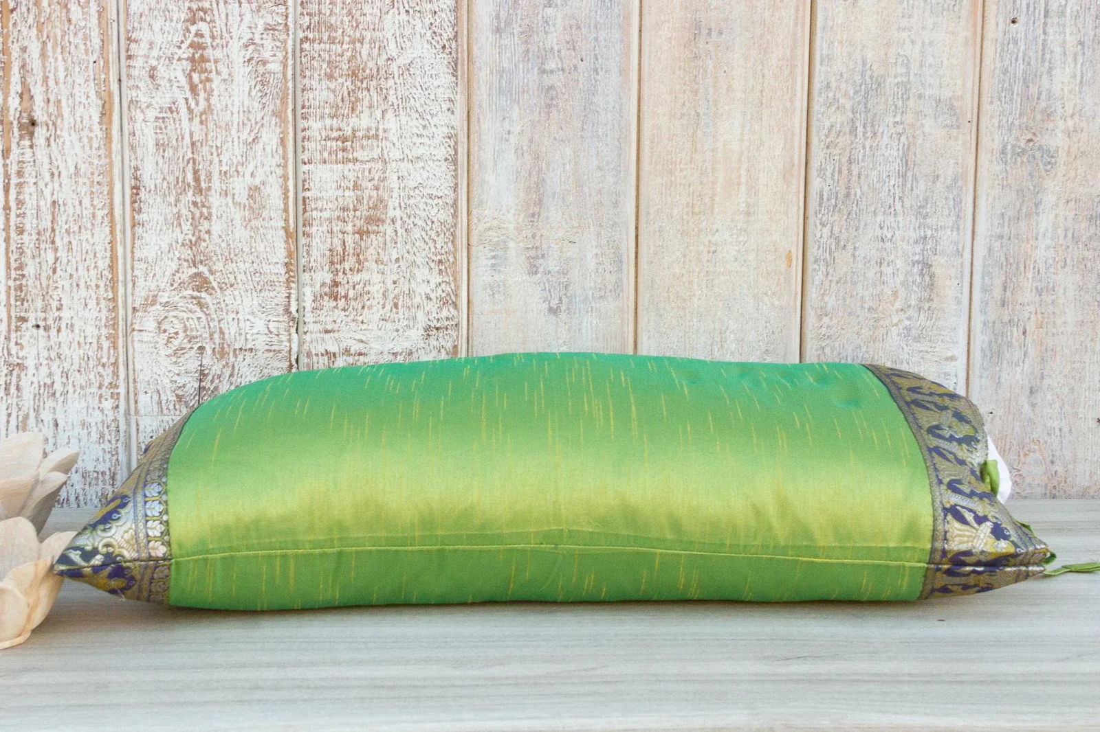 Vintage Lime Green Large Festive Indian Silk Queen Lumbar Pillow Cover - 6