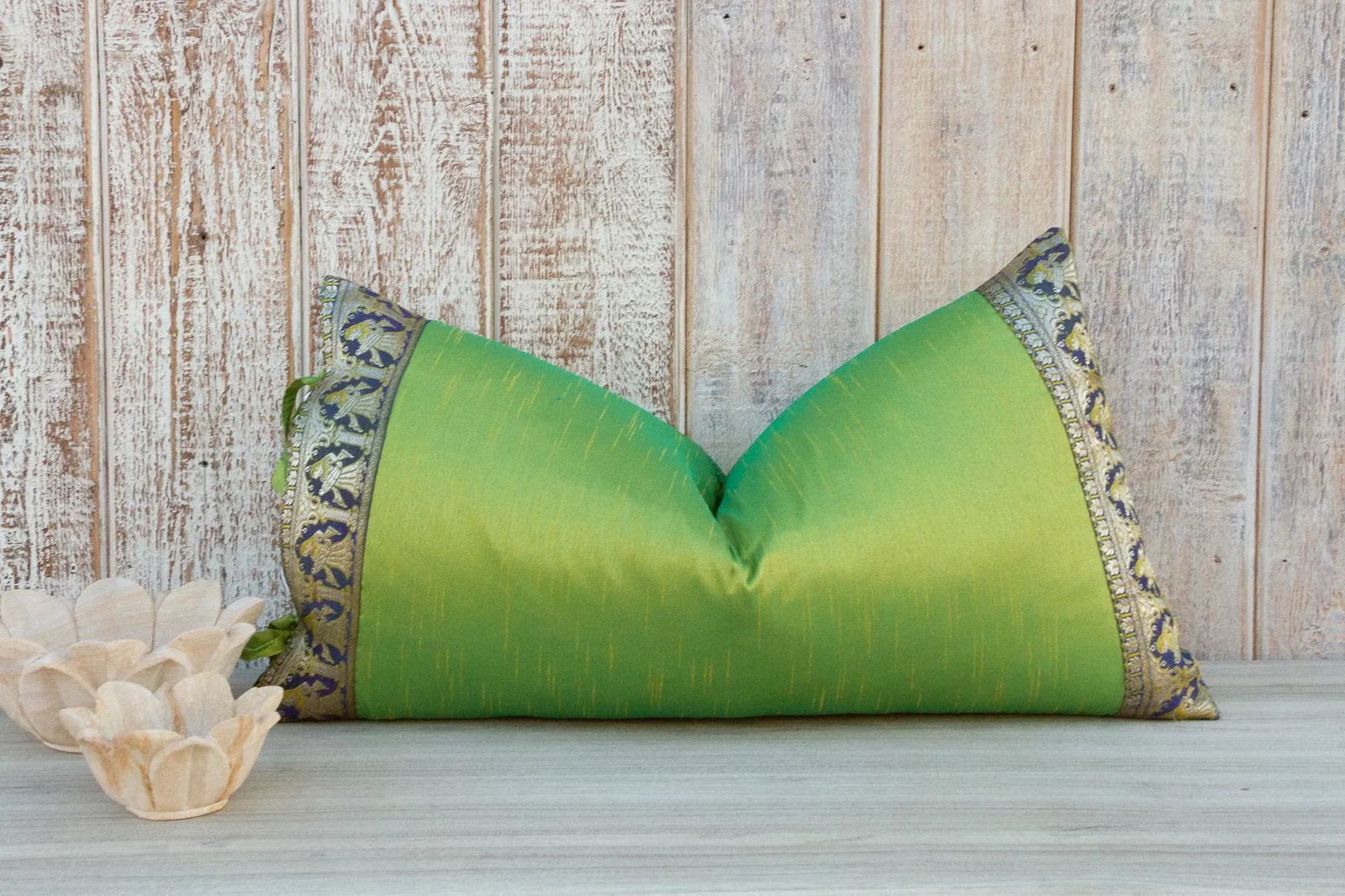 Vintage Lime Green Large Festive Indian Silk Queen Lumbar Pillow Cover - 7