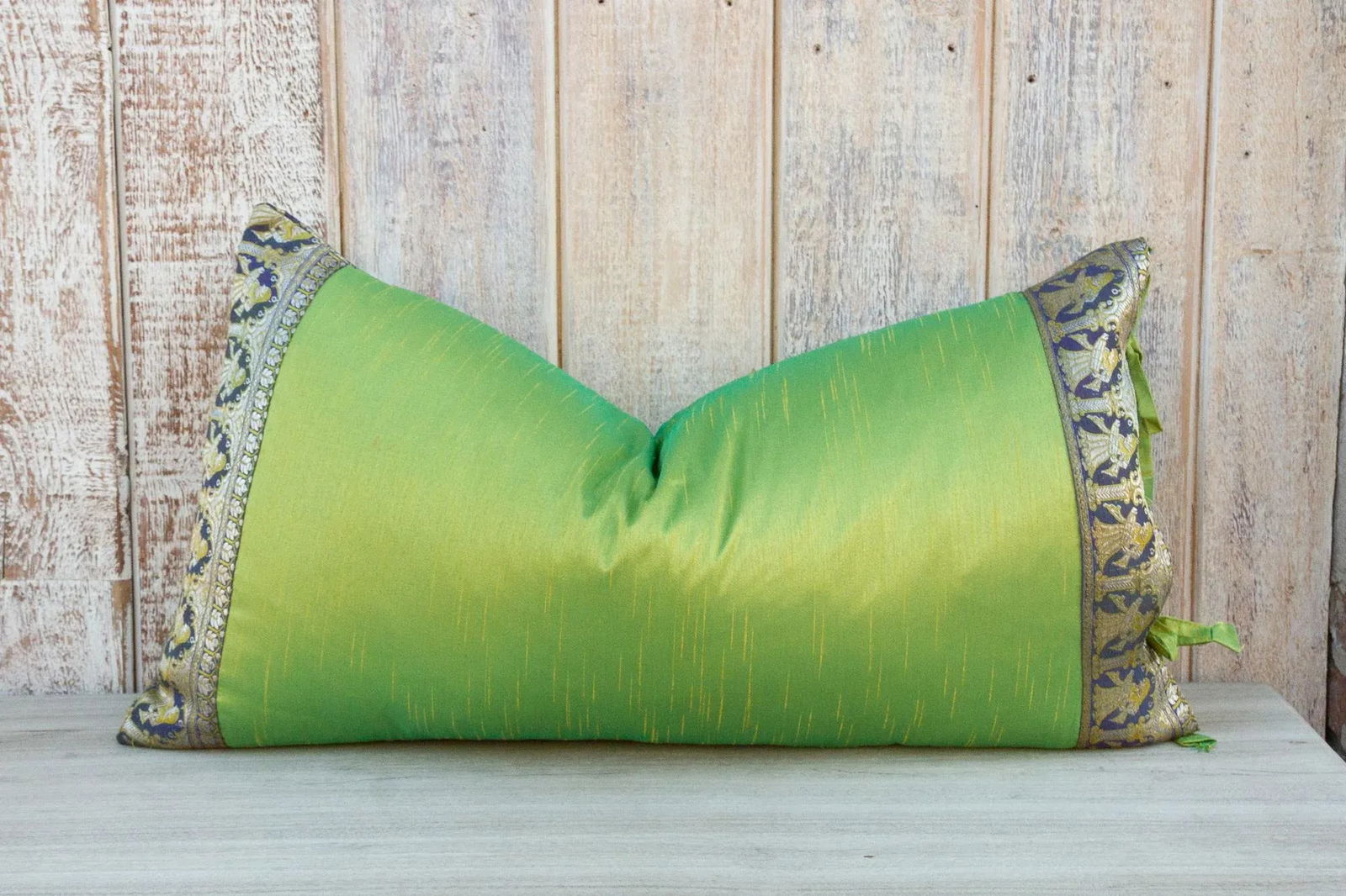 Vintage Lime Green Large Festive Indian Silk Queen Lumbar Pillow Cover - 8