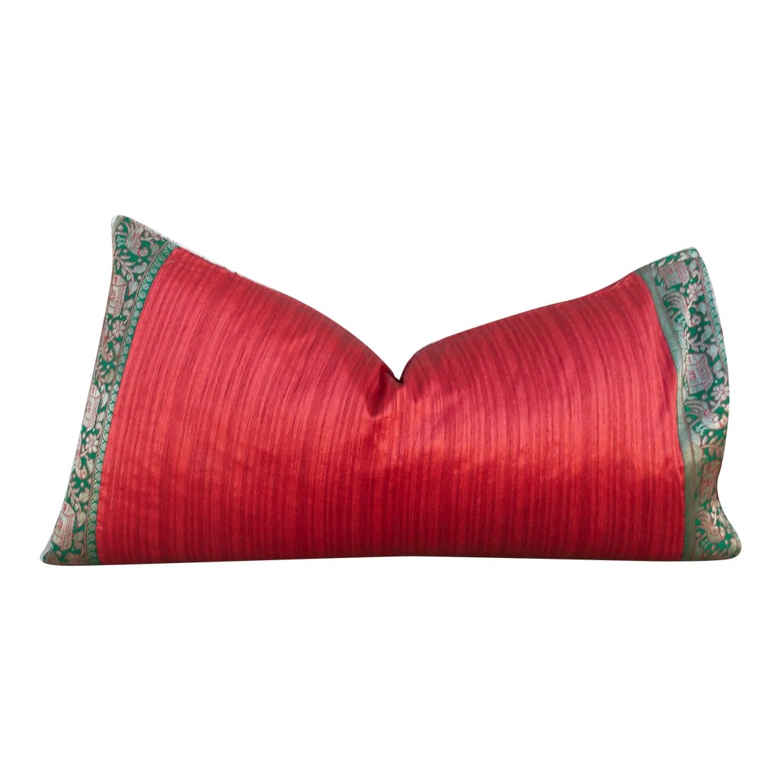 Vintage Red Large Festive Indian Silk Queen Lumbar Pillow Cover: This brilliant silk lumbar pillow is a luxurious addition to any living room. Made out of silk with intricate borders of this jewel-toned pillow are made with a one-of-a-kind vintage lacing. This thro