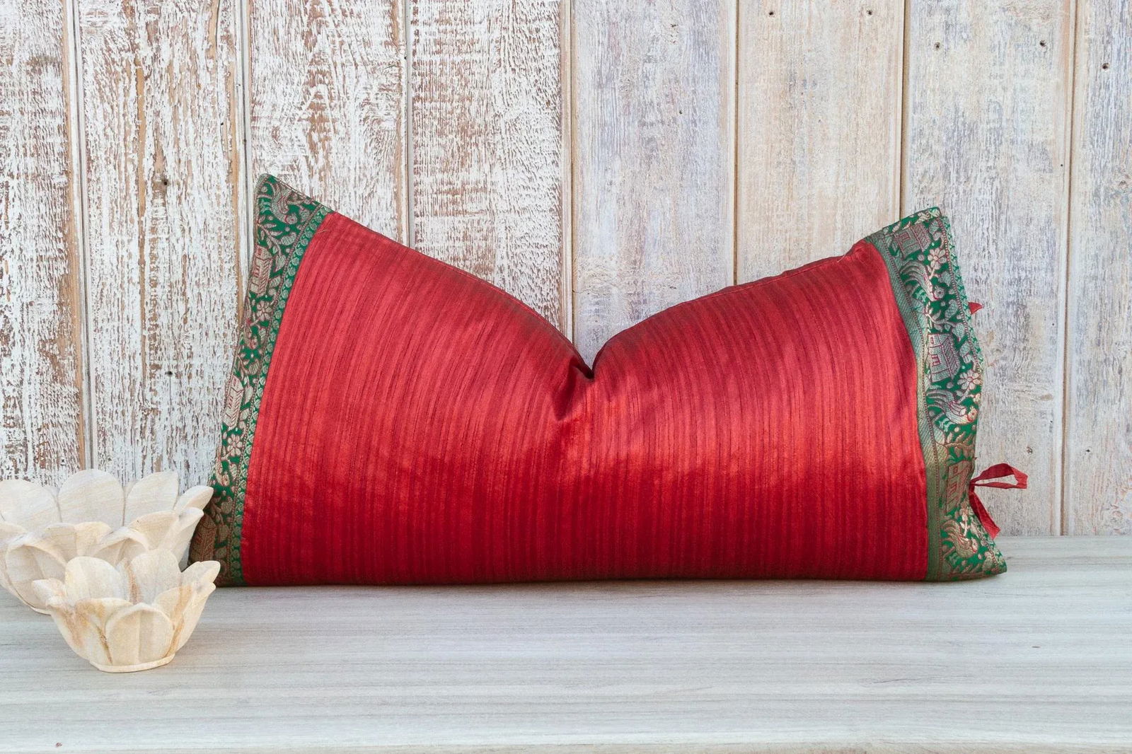 Vintage Red Large Festive Indian Silk Queen Lumbar Pillow Cover - 2