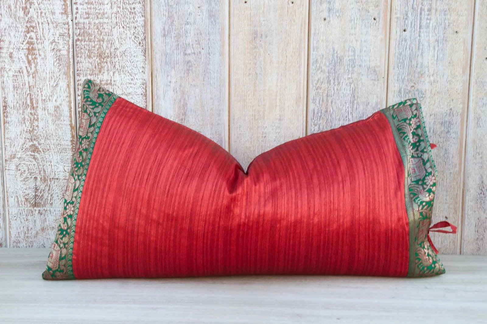 Vintage Red Large Festive Indian Silk Queen Lumbar Pillow Cover - 9