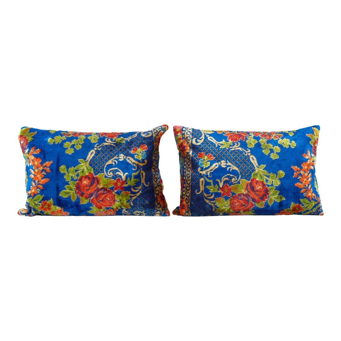 Turkish Blue Velvet Pillow Cover - a Pair: Turkish Blue Velvet Pillow Cover - A Pair These beautiful 16" x 24" pillow covers were made from an authentic, vintage velvet fabric handwoven in the 1960s. Bright colors of wool adorn the front of th