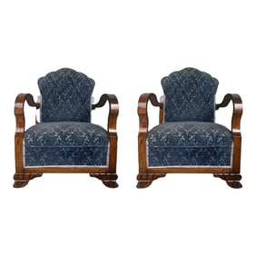 Pair of Art Deco Club Armchairs With Blue Ink Damask Velvet