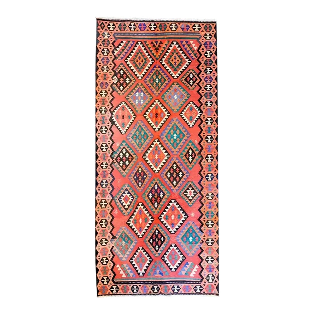 Early 20th Century Qazvin Kilim Runner: A fantastic early 20th century Persian Qazvin Kilim runner with a beautiful all-over multicolored diamond pattern woven in orange, lavender, black, and white on a pale crimson background. The border