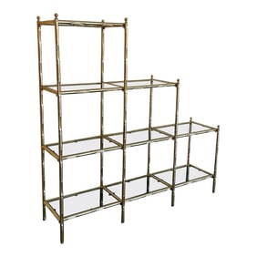 Mid-Century Modern Faux Bamboo Brass Etagere With Stair Form and Smoked Glass