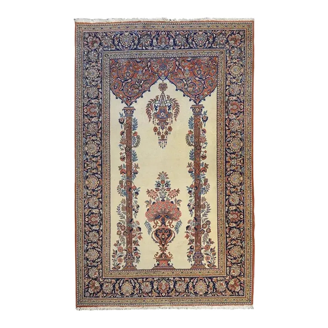 Early 20th Century Kashan Rug: An amazing early 20th century Persian Kashan rug with an architectural design depicting two fluted columns wrapped with scrolling vines and flowers, supporting a vaulted ceiling with arabesque