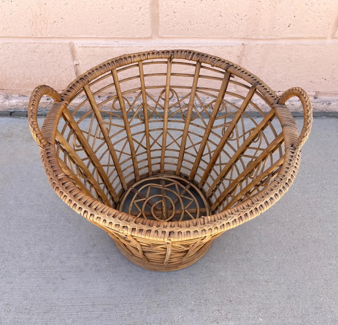Vintage Rustic European Woven Wicker/Rattan Wastebasket - 2