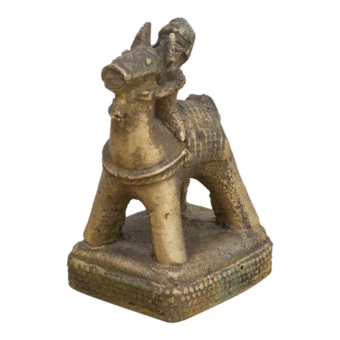 Vintage Tarnished Brass Indian Figurine: Handcrafted using glistening brass, this petite statuette features a man riding a horse embellished with brass casted details all standing on a small square. **Please bear in mind that colors of produ