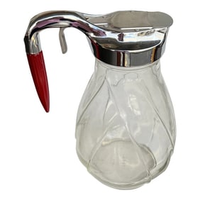 Vintage Large Glass Syrup Pitcher Red Bakelite Handle