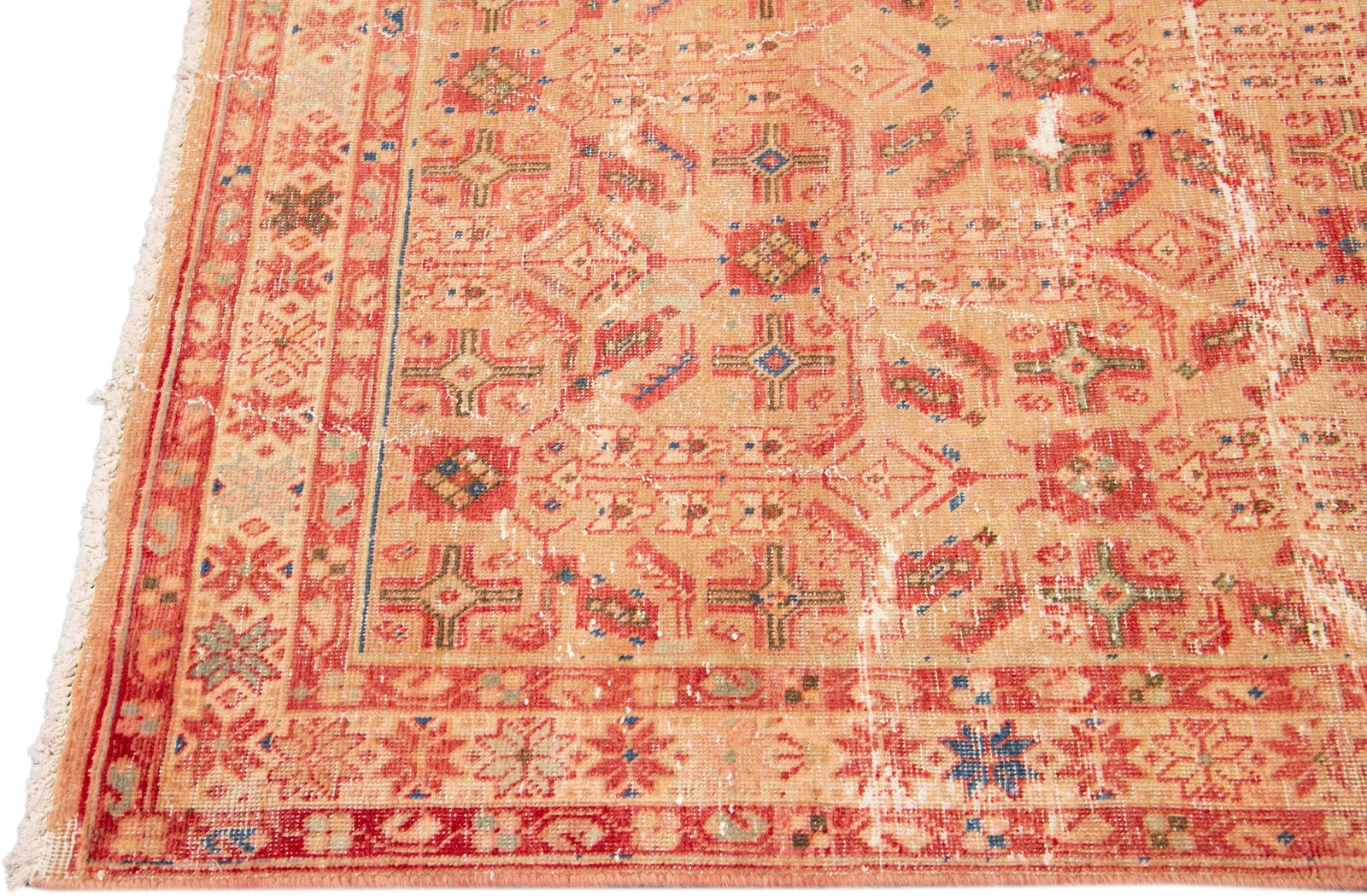 1960s Vintage Distressed Handmade Floral Peach Wool Runner - 4