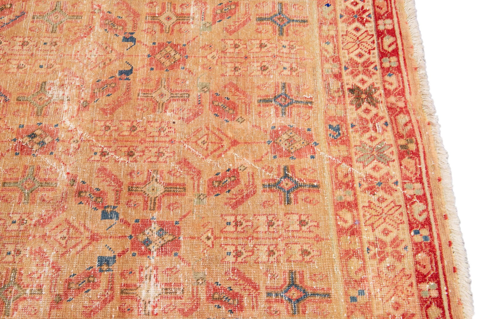 1960s Vintage Distressed Handmade Floral Peach Wool Runner - 6