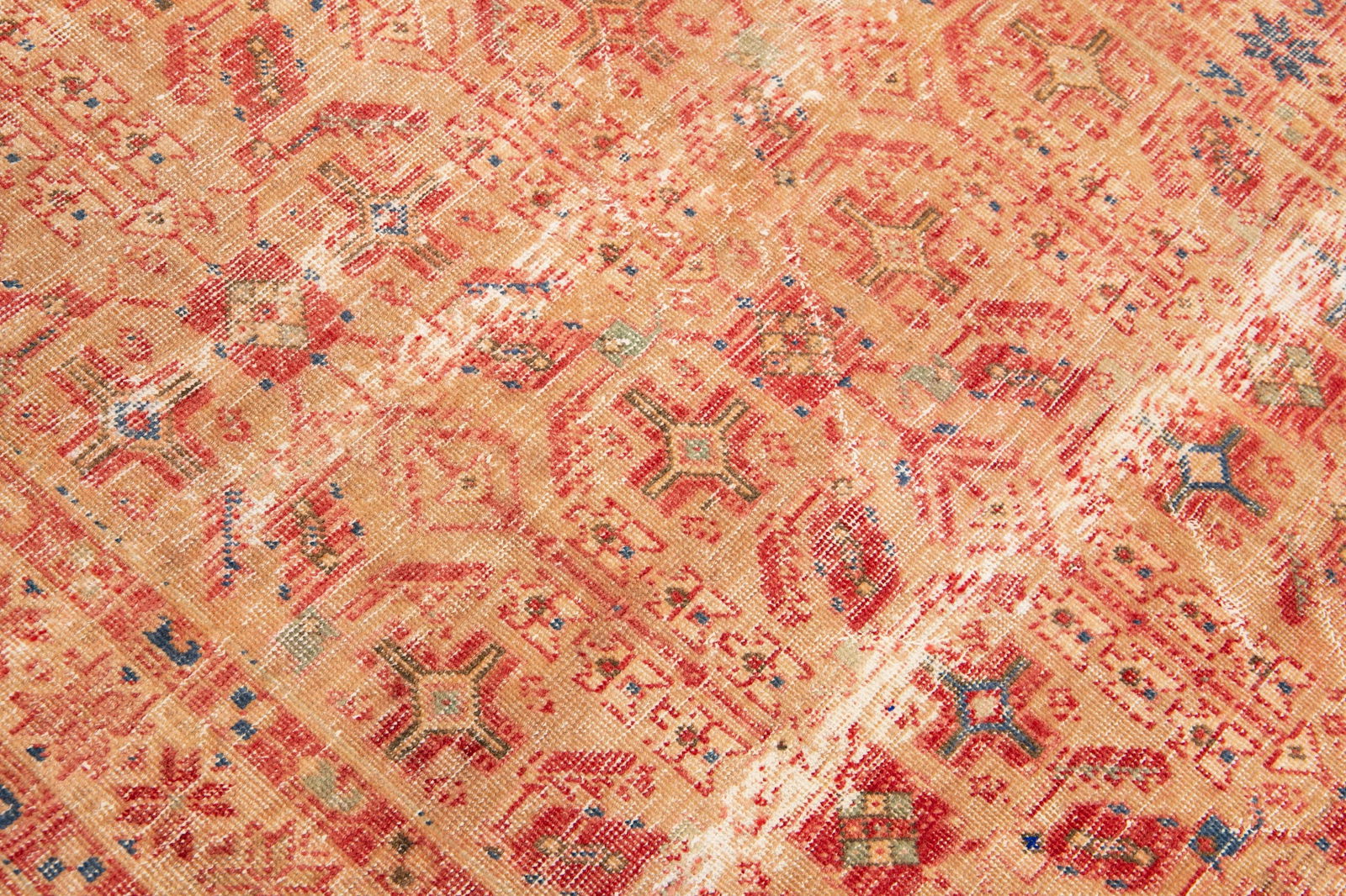 1960s Vintage Distressed Handmade Floral Peach Wool Runner - 8