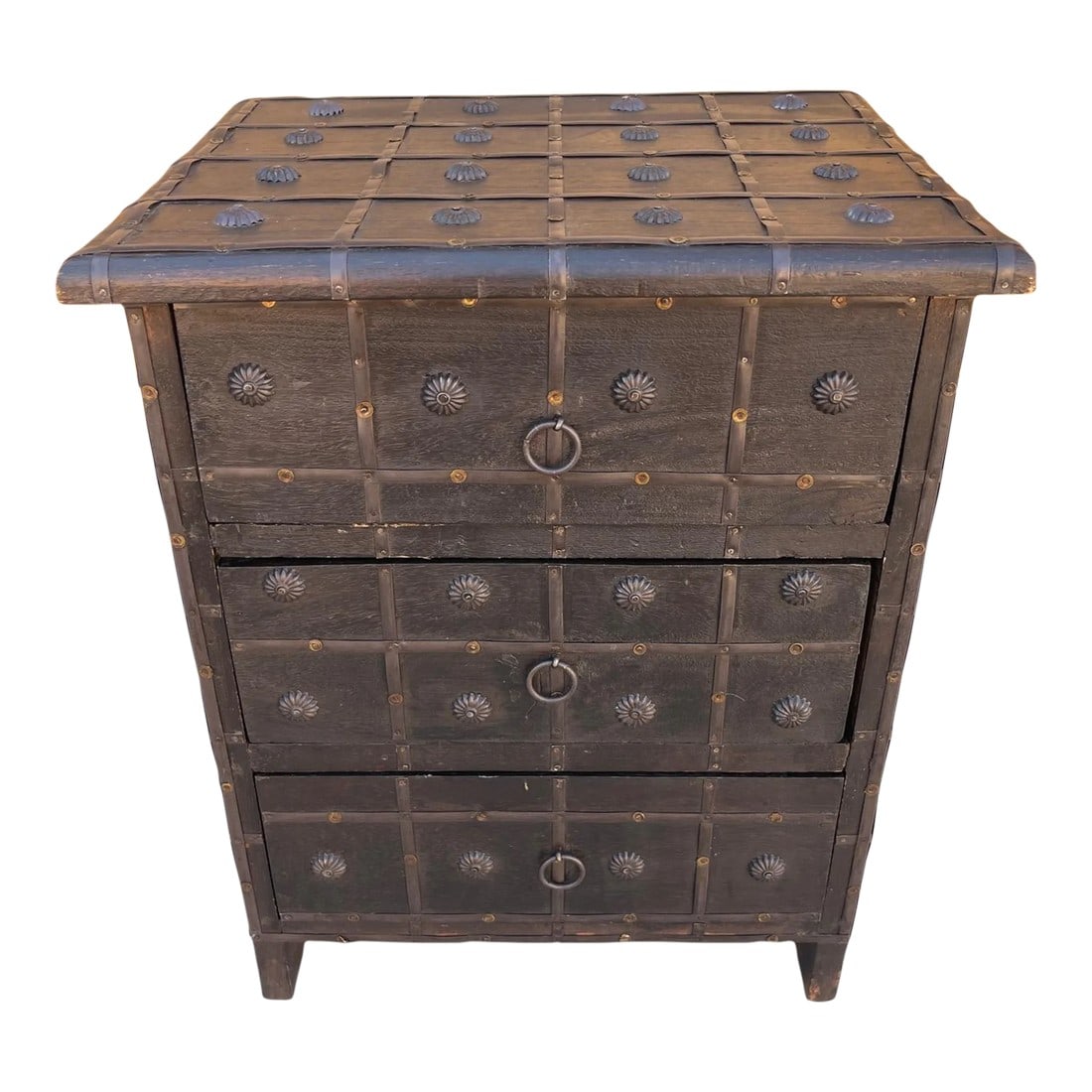 Vintage Studded Moroccan 3 Drawer Box: Vintage Moroccan 3 Drawer Box with metal bands and metal flower studs. Has 3 drawers for storage. Great for jewelry, sunglasses etc. 18in h x 15in w x 12in d Condition: Alterations: Original