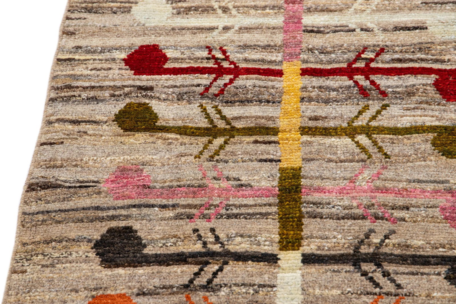 Modern Oushak Brown Hadnmade Geometric Wool Runner - 10