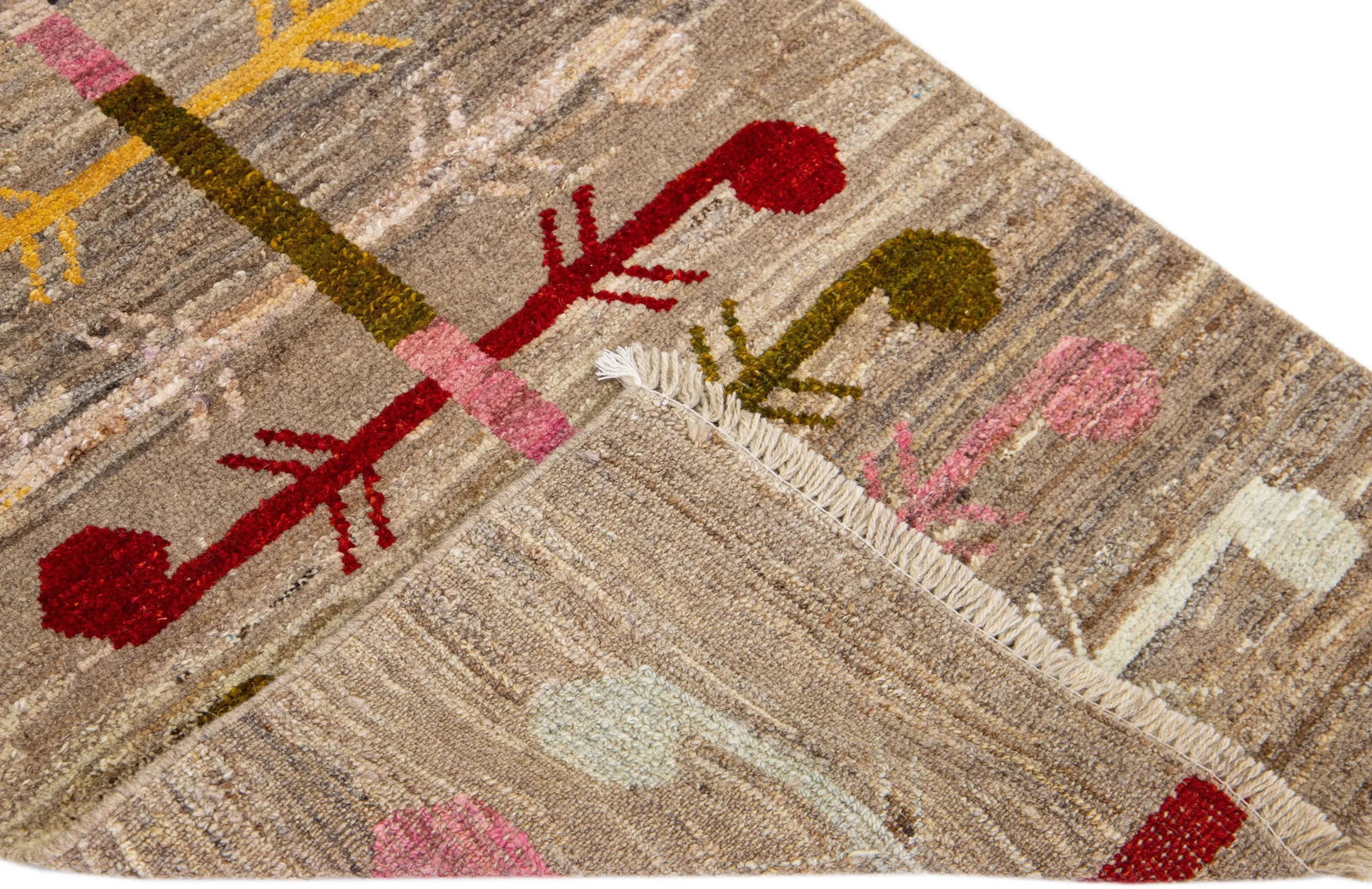 Modern Oushak Brown Hadnmade Geometric Wool Runner - 2