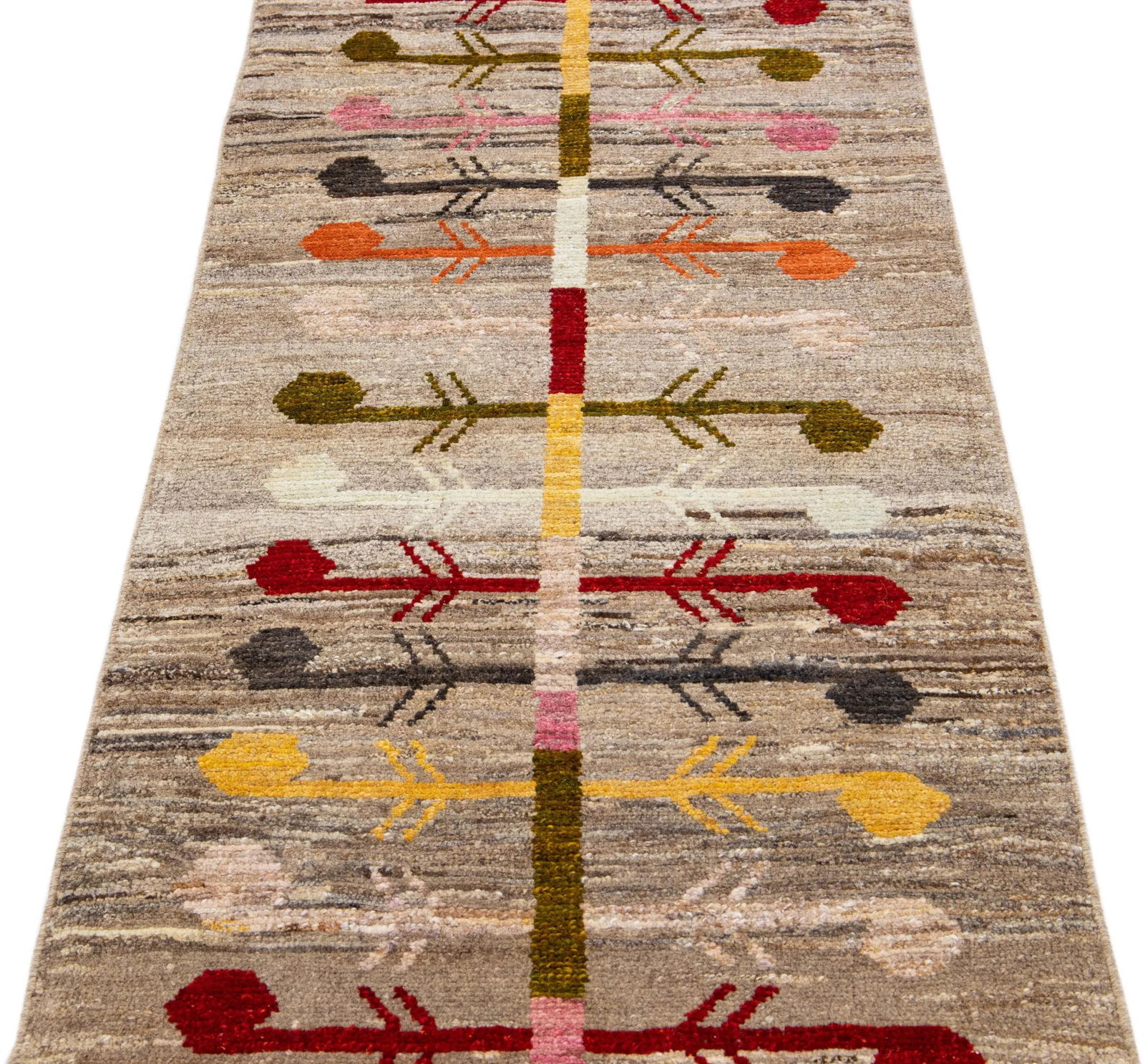 Modern Oushak Brown Hadnmade Geometric Wool Runner - 3