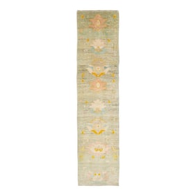 Tan Modern Oushak Handmade Floral Wool Runner