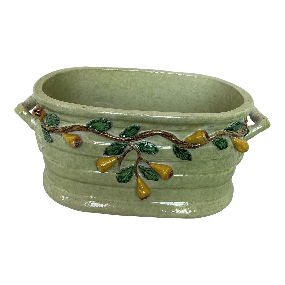 Italian Hand Painted Oval Shape Ceramic Center Piece/Planter Featuring Pear on the Branch Design: Hand Painted Oval Shape Ceramic Center Piece/Planter with two handles Featuring Pear on the Branch Design. Created in Italy. Condition: Imperfections: No Imperfections Condition Notes: Excellent