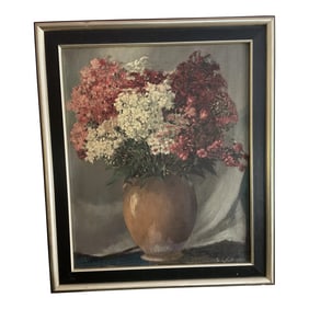 Vintage European School Hydrangeas Bouquet Still Life Oil Painting, Framed