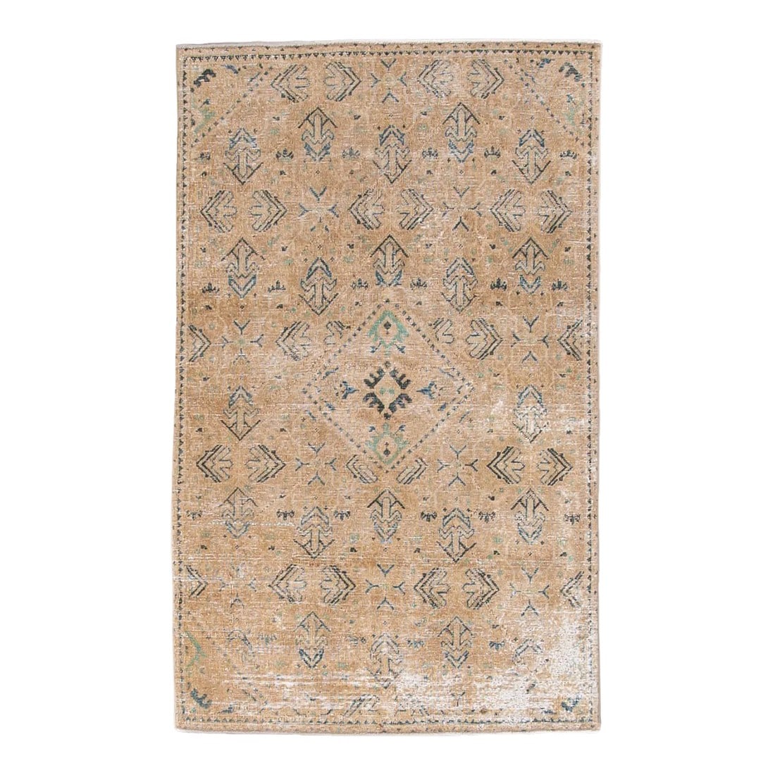 Vintage Persian Distressed Handmade Beige Geometric Wool Rug: Beautiful Vintage Persian Distressed Hand-knotted Wool Rug with the beige field. This piece has blue accents in an all-over geometric shabby chic design. This rug measures: 3'8" x 6'. Condition: