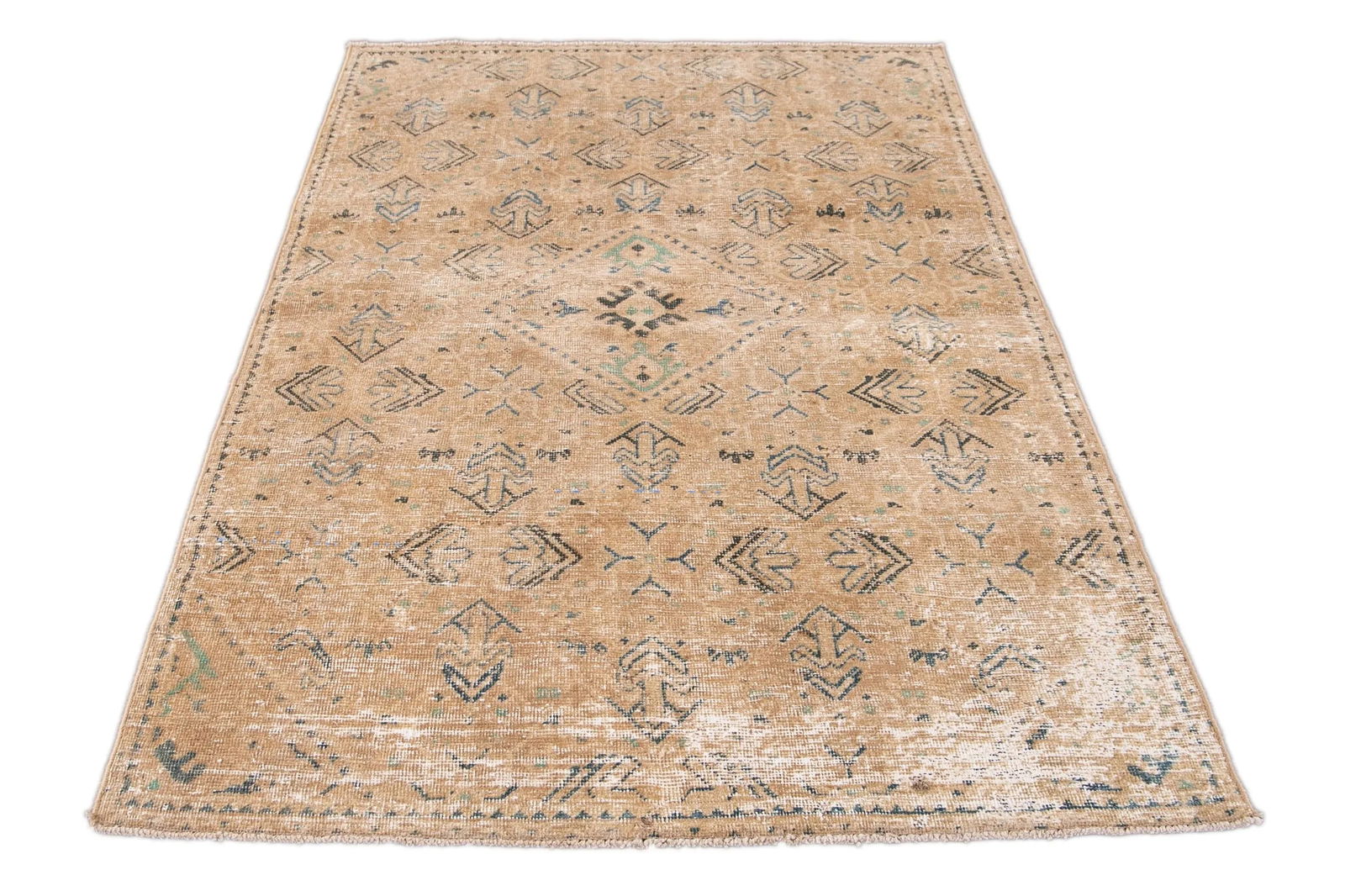 Vintage Persian Distressed Handmade Beige Geometric Wool Rug - 3