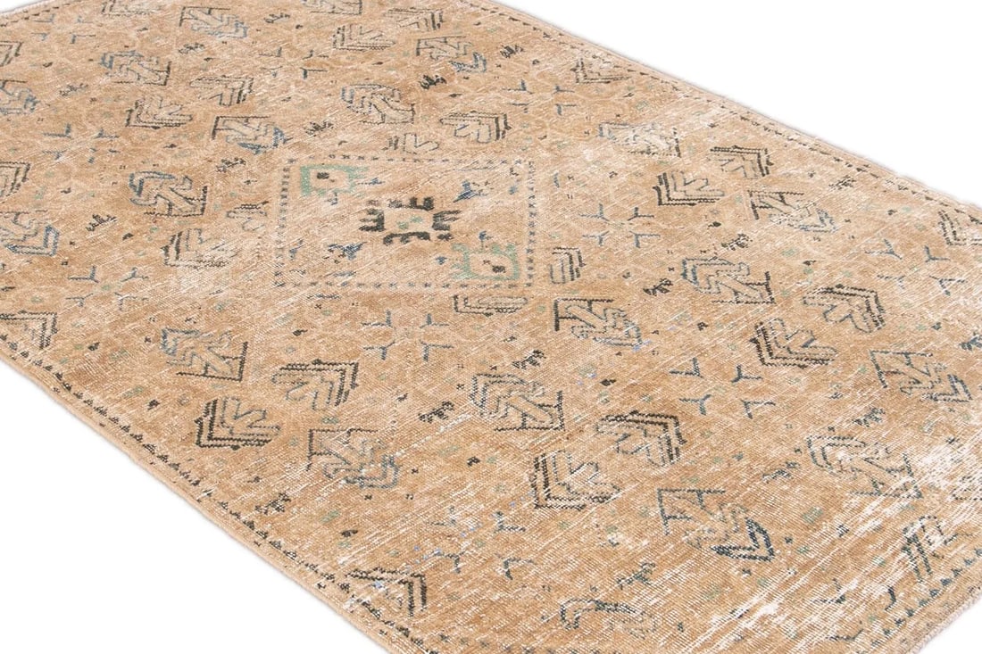 Vintage Persian Distressed Handmade Beige Geometric Wool Rug - 4