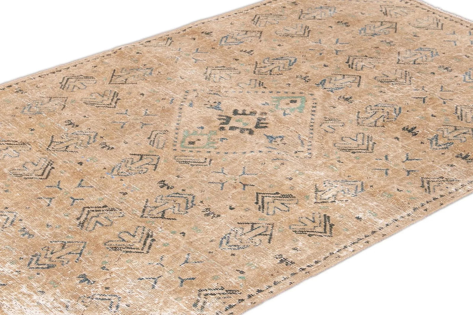 Vintage Persian Distressed Handmade Beige Geometric Wool Rug - 5