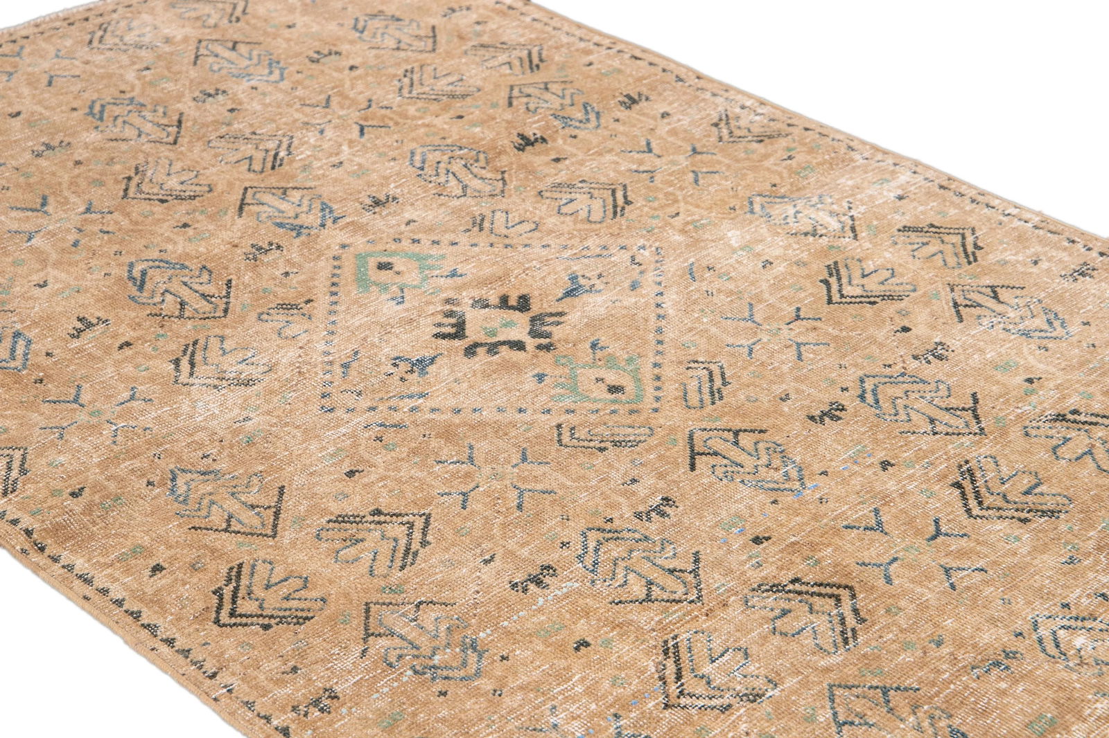 Vintage Persian Distressed Handmade Beige Geometric Wool Rug - 6