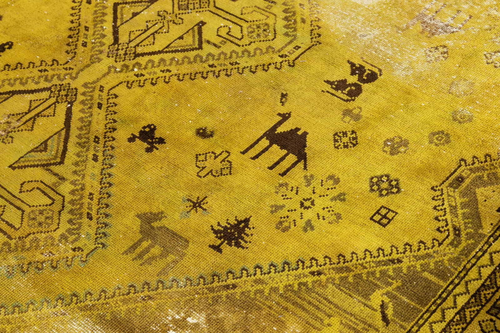 Vintage Distressed Turkish Handmade Yellow Tribal Wool Rug - 10