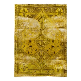 Vintage Distressed Turkish Handmade Yellow Tribal Wool Rug