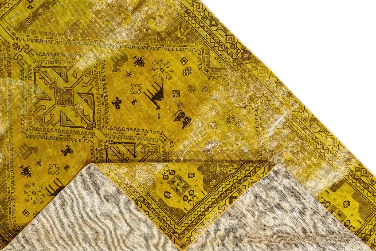 Vintage Distressed Turkish Handmade Yellow Tribal Wool Rug - 3