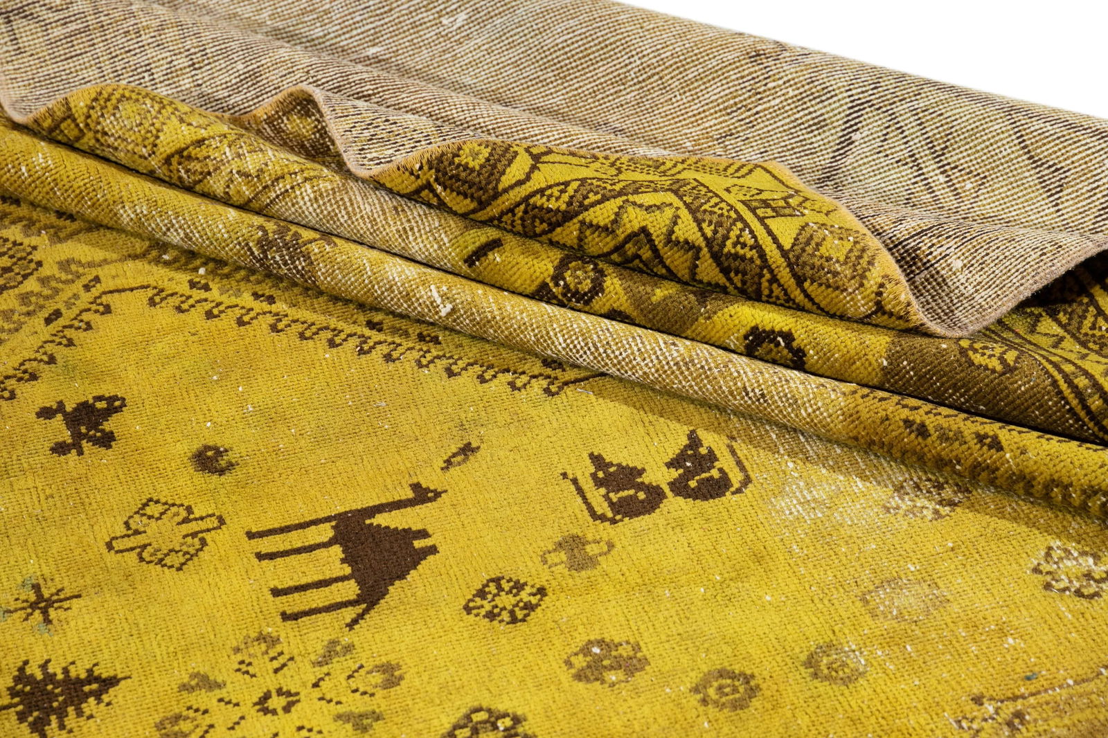 Vintage Distressed Turkish Handmade Yellow Tribal Wool Rug - 4