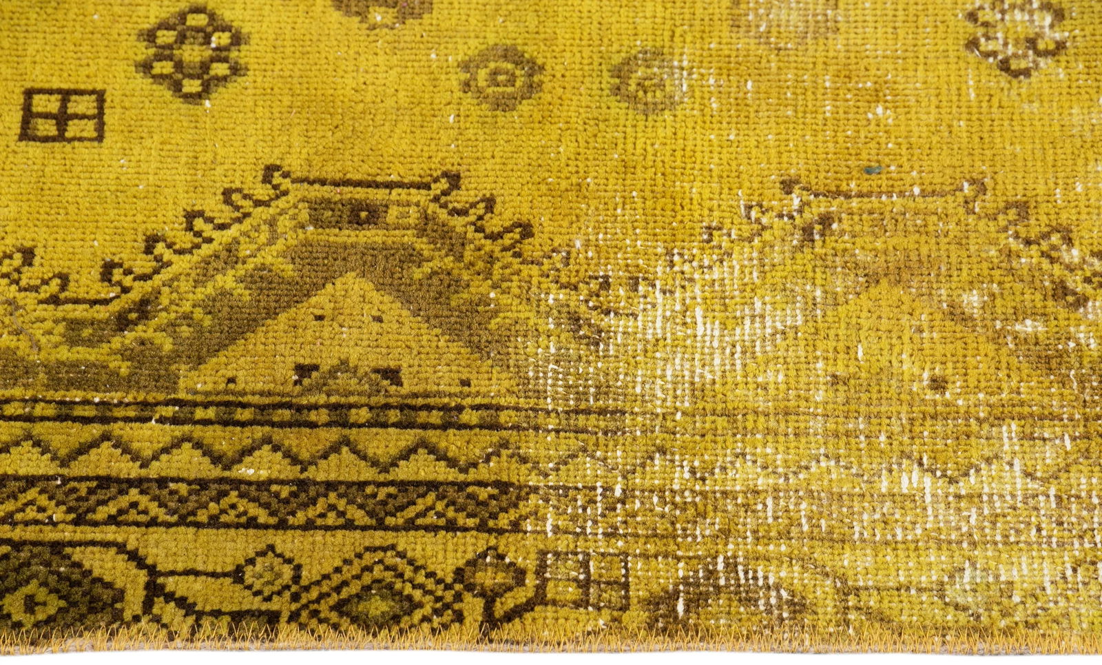 Vintage Distressed Turkish Handmade Yellow Tribal Wool Rug - 6