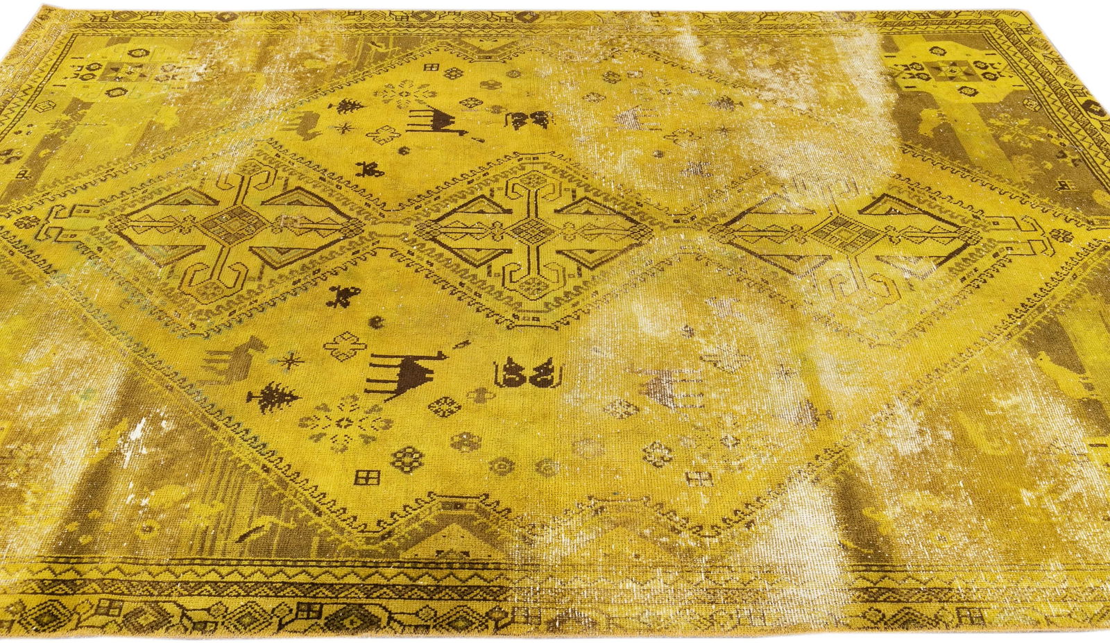 Vintage Distressed Turkish Handmade Yellow Tribal Wool Rug - 7