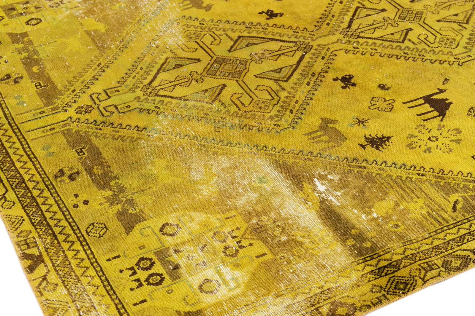 Vintage Distressed Turkish Handmade Yellow Tribal Wool Rug - 8