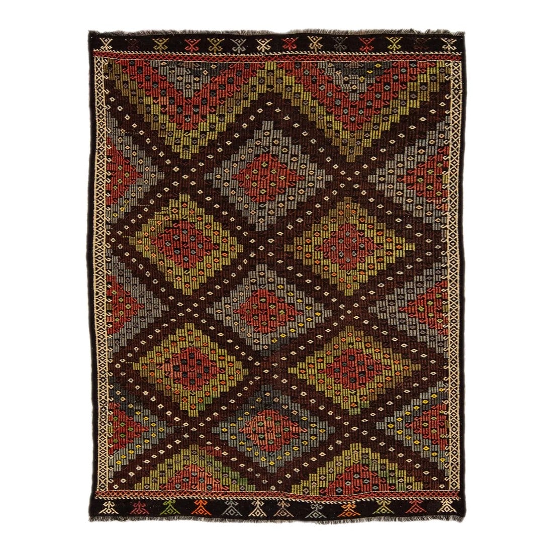 Vintage Persian Soumak Handmade Burnt Orange Geometric Wool Rug: Beautiful vintage Persian Soumak handmade wool rug with a burnt orange field. This piece has a multi-color accent in an all-over geometric design. This rug measures: 7'2" x 9'4". Condition: